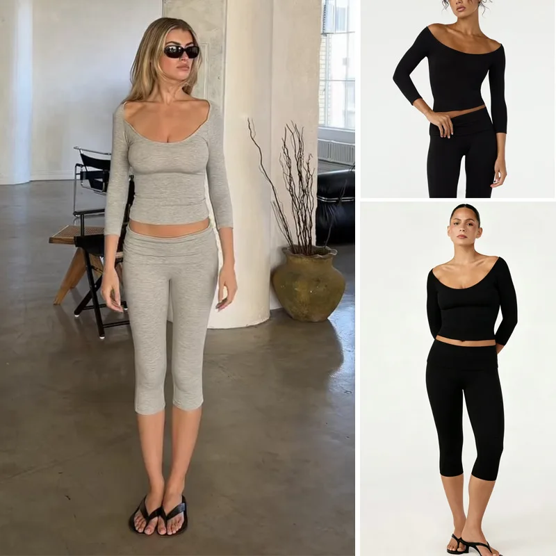GG Yoga Long Sleevetop Women Pilates Gym Clothes Quick Dry Cropped Compression 5/4 Sleeve Fitness Shirt Boat Neck‌ Crop Top