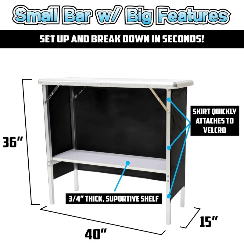 Folding Portable Bar w/LED Lights, Wireless Remote, 2 Bar Skirts, Storage Shelf, & Carrying Case - Triple (White)