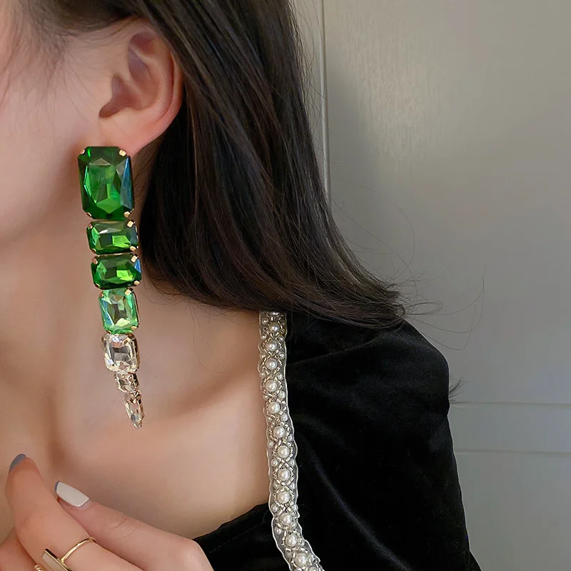 FYUAN Square Green Crystal Earrings Oversize Ladys Long Geometric Dangle Earrings for Women Fashion Jewelry Gifts