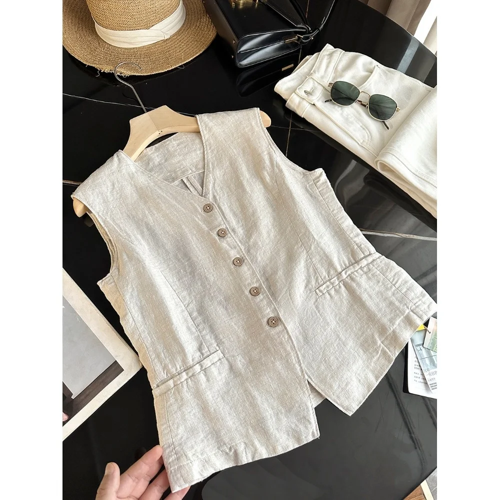 

Korean Style plus Size Women's Fashionable Vest Jacket V-Neck Sleeveless Top Summer New Arrival Retro Style Commute Wind