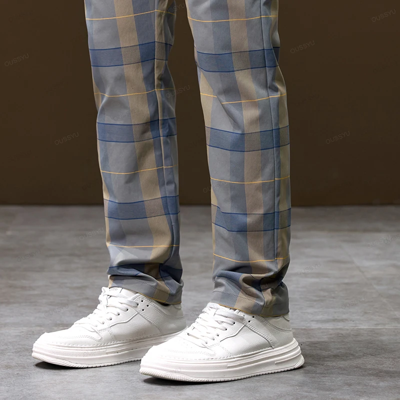 Printemps été luxe Plaid motif à carreaux pantalons décontractés hommes d'affaires taille élastique coupe ajustée coréen poche pantalons longs mâle