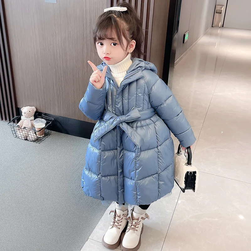 Fashion Parka Girl's Real Fur Hooded Clothes Slim Belt Casual Children Coat Mesh Dress Warm Kids Cotton Padded Jacket TR202