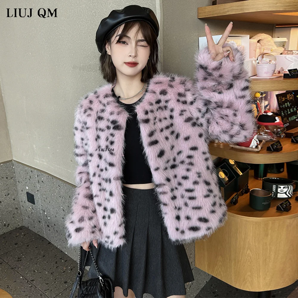 Korea Fluffy Leopard Fur Jacket Winter Women Round Neck Short Faux-Fox Fur Coats Casual Outwear Female Thick Warm Plush Overcoat