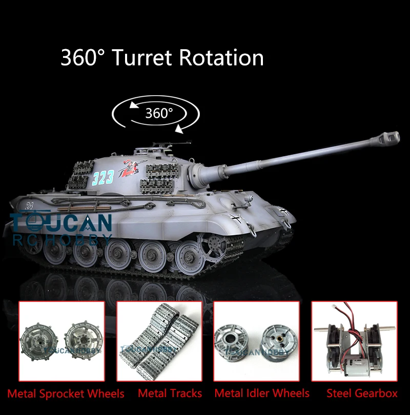 1/16 HENG LONG Gray 7.0 Upgraded German King Tiger RC Tank 3888A W/ 360° Turret TH17539-SMT4