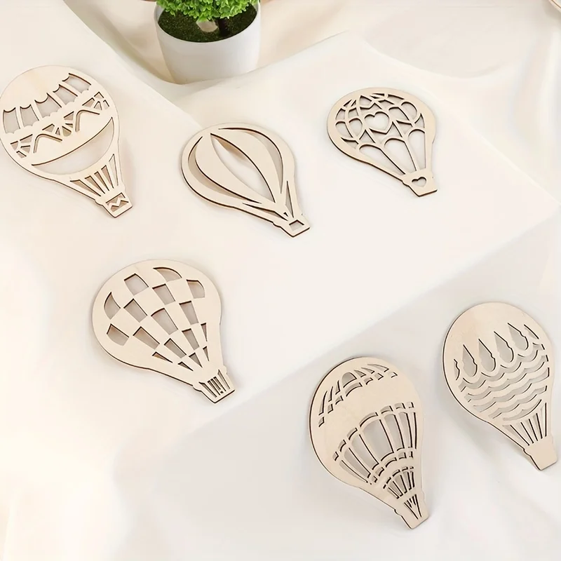 Hot Air Balloon Solid Unfinished Wood Shape Pieces, Cutouts for DIY Arts Crafts, 12x8cm, 6Pcs Set