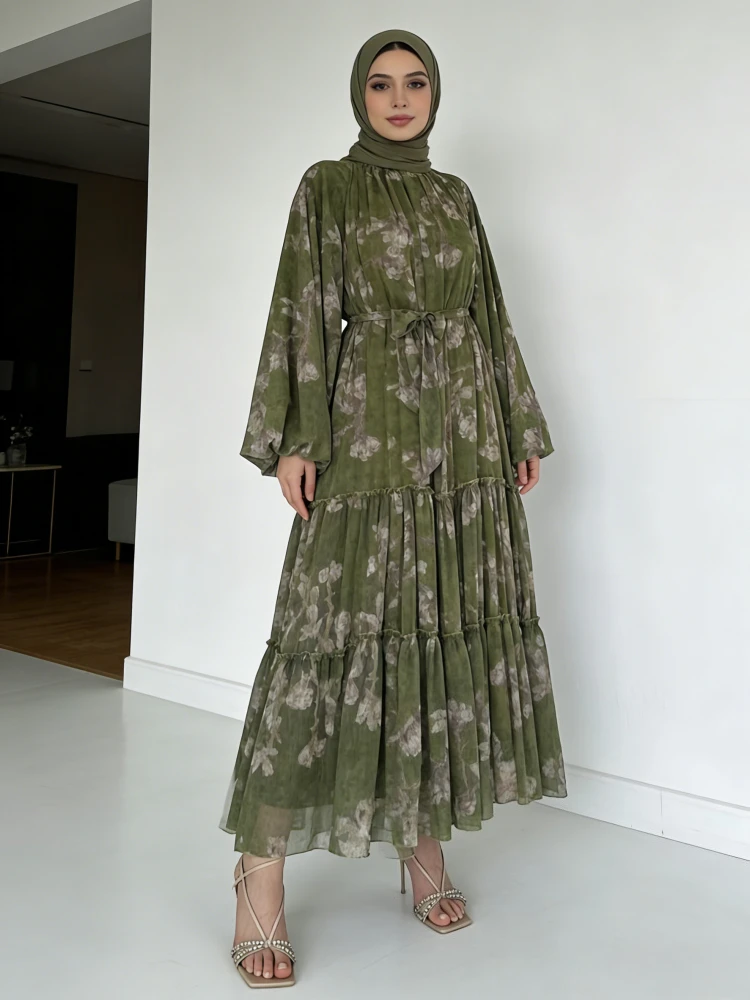 Eid Stampa floreale Abito a trapezio Chiffon Donna Abaya Abiti Largo Dubai Caftano Arabo Abito lungo Ramadan Marocco Abiti Jalabiya