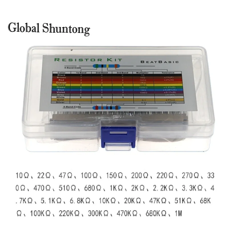 600pcs/Box Metal Film Resistor Kit Assorted Kit 30 Values Metal Film Resistor Resistance 1/4W 1ohm-10Mohm 1% Tolerance boxed