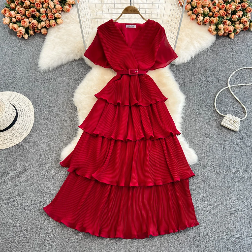 Summer Beach Long Dress Women Elegant V-Neck Short Sleeve Cascading Ruffles Big Swing Vestidos Female Red/Green/Pink Maxi Robe