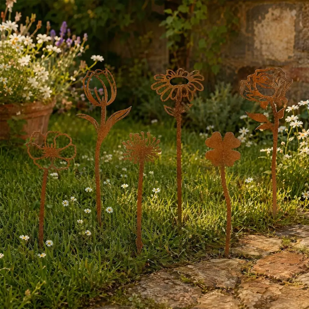 Decorative Flower Border Stakes Metal Flower Garden Stakes Cutout Rose Tulip Yard Art Decorations Silhouette Plant for Lawn