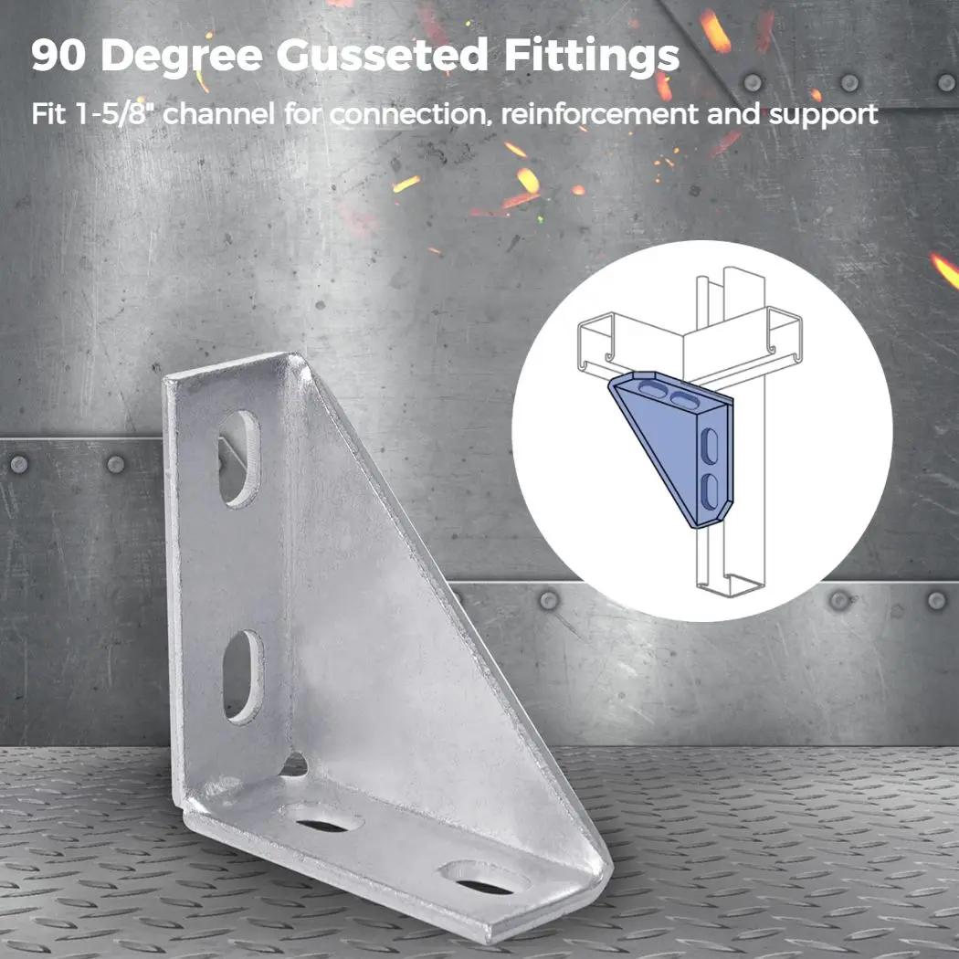 

4Pack 90 Degree Gusseted Fittings Carbon Steel Right Angle Connector Brackets For 1-5/8" Channel Gusset Corner Brace Fasteners