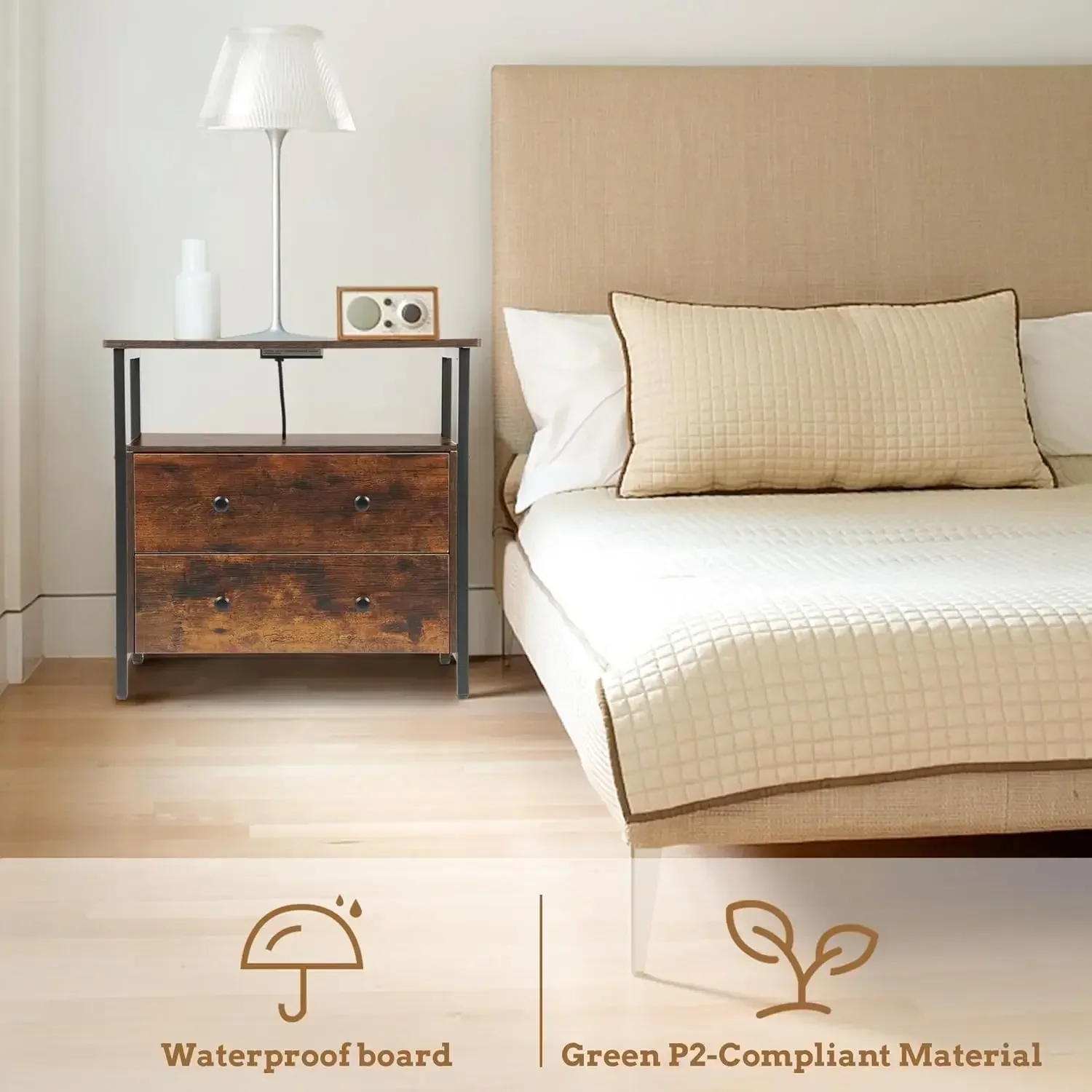 [Hot Deal, Best Seller!]27 inch Wide Nightstand with Charging Station, Bedside Table with Open Shelf, 2 Drawers Small Wood Dress