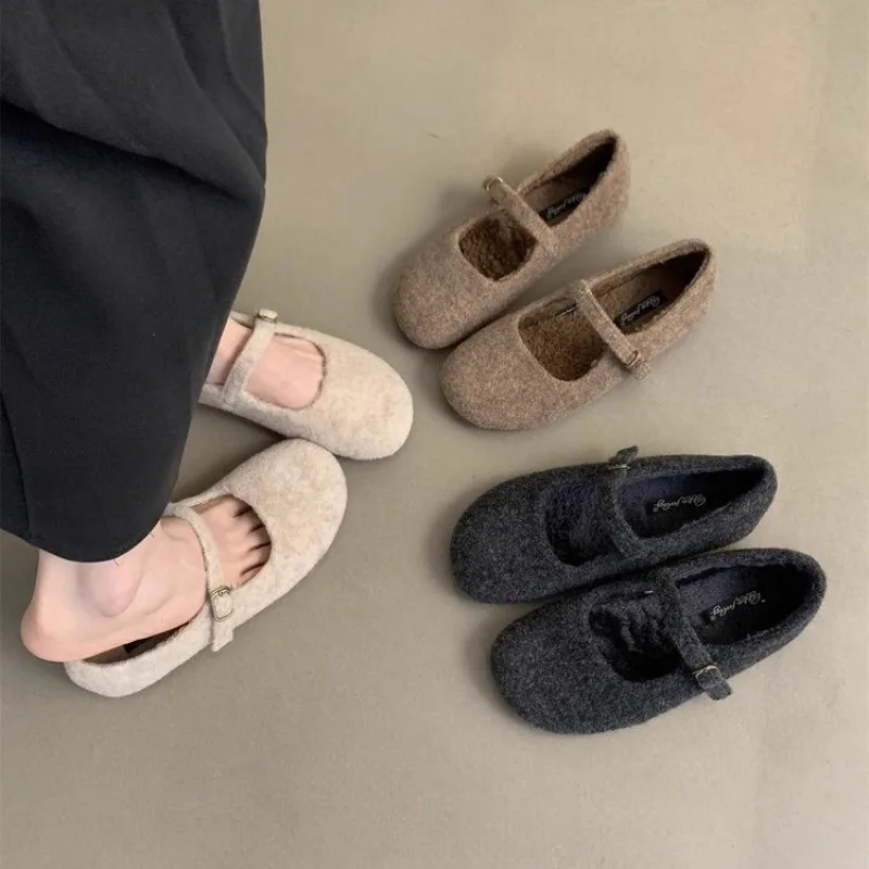 

New Fashion Square Toe Fleece Flet Ballet Flats Woman Winter Warm Wool Mary Jane Shoes Ladies Brand Design Elegant Plush Loafers