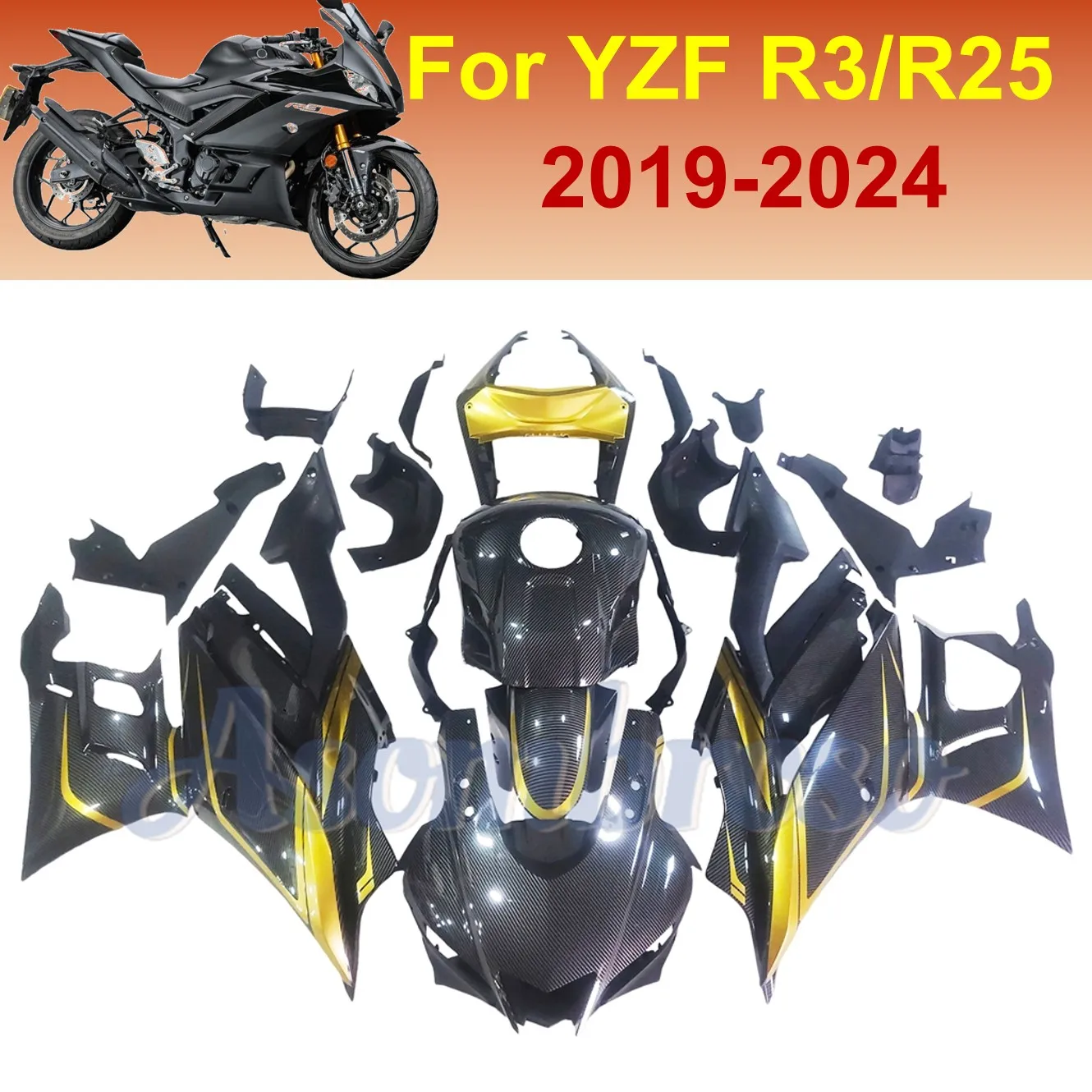 ABS Panels Body Kit For Yamaha YZF R3 2019 - 2024 YZF R25 Motorcycle Carbon Fiber Fairing Modified Accessories | Gold lines