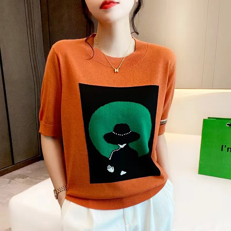 Knitted Tops Women Short Sleeve T Shirt Thin Ice Silk O Neck Tshirts Female Summer Casual Loose Woman Clothes Tees Shirt Femme