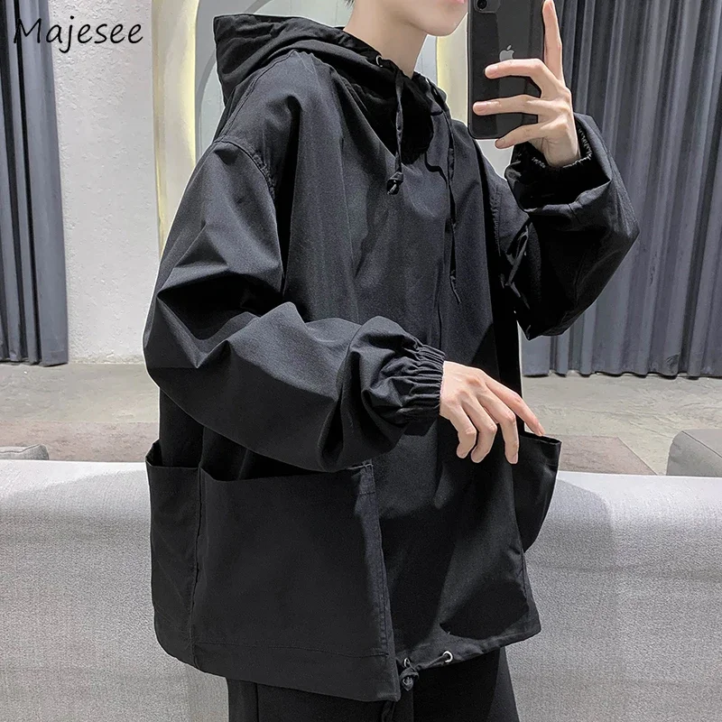 

Men with Hoodies Sweatshirts M-3XL Drawstring Solid Design Males BF Chic Leisure Outwear High Street Harajuku All-match Hip Hop