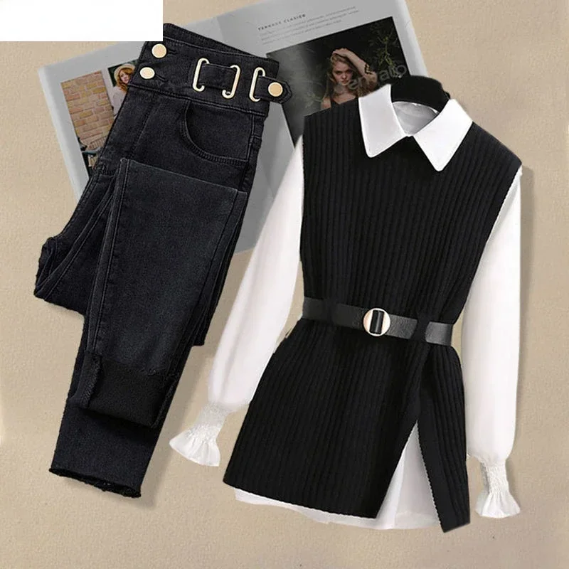 Large Autumn and Winter Suit for Women 2024 New Korean Fashion Knitted Vest Shirt Casual Slim Jeans Three Piece Set ZL872