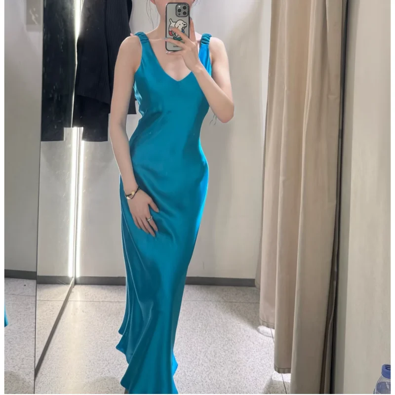 봄 여름 신상 슬리 실크 새틴 롱 미디 드레스 V넥 가운 2025 패션 여성용 드레스 폴리에스터 섬유 100%