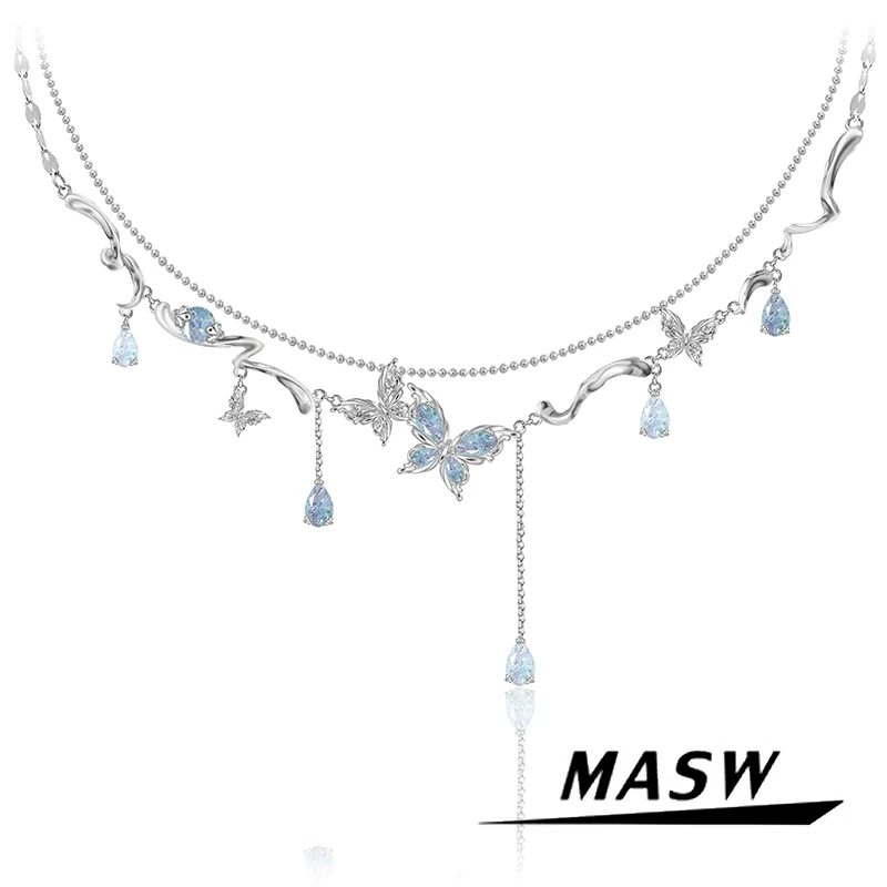 MASW original design butterfly dance series cold wind blue butterfly necklace light luxury zircon fringed neck chain