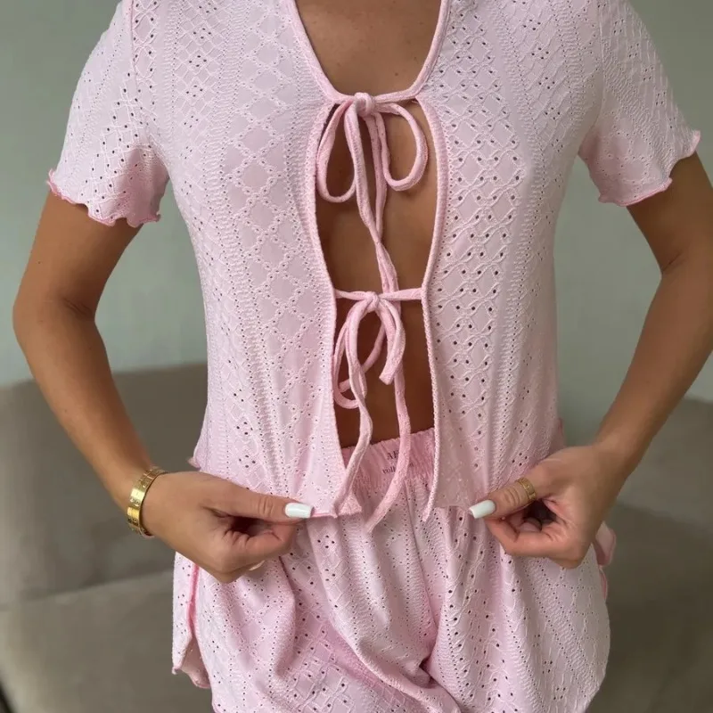 

Женские пижамы, сексуальный эротический полый кружевной кардиган, шорты с короткими рукавами, костюм, удобная приятная для кожи домашняя одежда