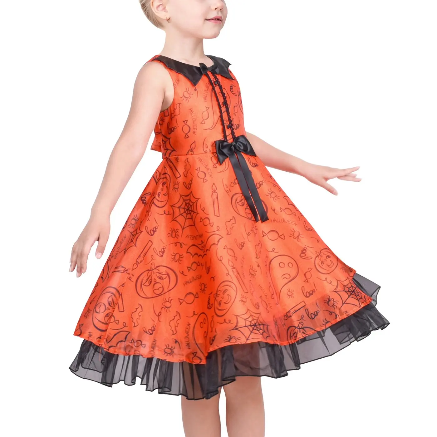 Girls Dress Halloween Bat Collar Orange Ghost Black Ruffle Spider Sleeveless
