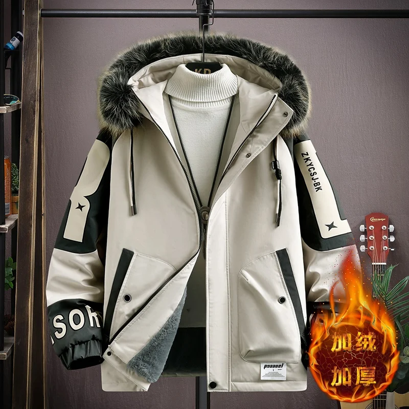 Casual 2024 Autumn Winter Men\'s Plush Thicken Hooded Jacket Youth Streetwear Loose Fleece Coat Outdoor Warm Cotton-Padded Parkas