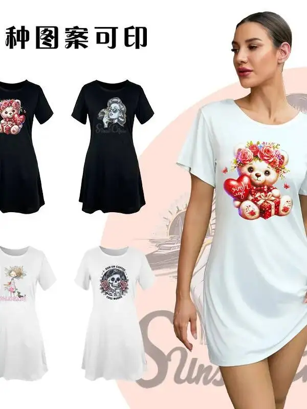 Camisón suelto de manga corta para mujer, varios patrones disponibles, estilo camiseta, ropa para el hogar, estampado negro blanco multicolor CR70