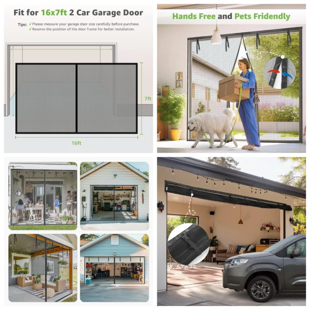 16x7ft Garage Screen Doors for 2 Car Garage Durable Heavy Duty Magnetic Garage Door Screen Hands Free with 6 Roll Up Starps