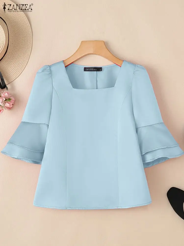 Frauen Satin Blusen Frühling 2026 Elegante Chic Square Neck Layered Ausgestellte Ärmel Solide Ausgestattet Taille Tops ZANZEA Frau Kleidung 3XL