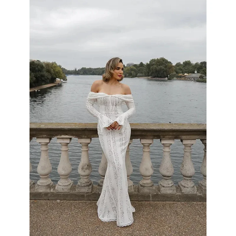 JIN فستان طويل نحيف بكتف واحد مفرغ من الدانتيل للنساء فساتين بدون خصر أنيقة ومثيرة للحفلات