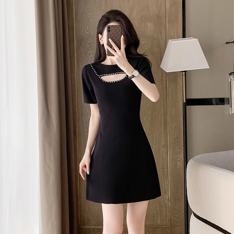 

Summer Women's Short Sleeve Dress Sexy Ice Silk Knitted New Short Stature Women's High Waist A-line Skirt