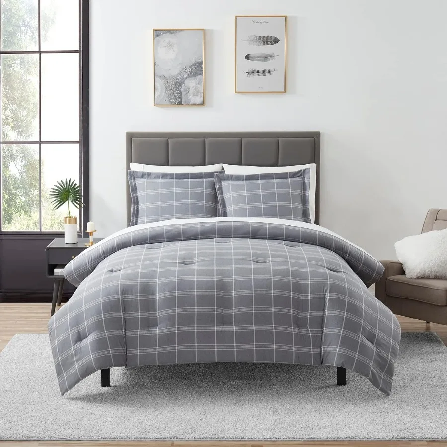 

7 Piece Comforter Set Bag Solid Color All Season Soft Down Alternative Blanket Luxurious Microfiber Bed Sheets King Gray Plaid