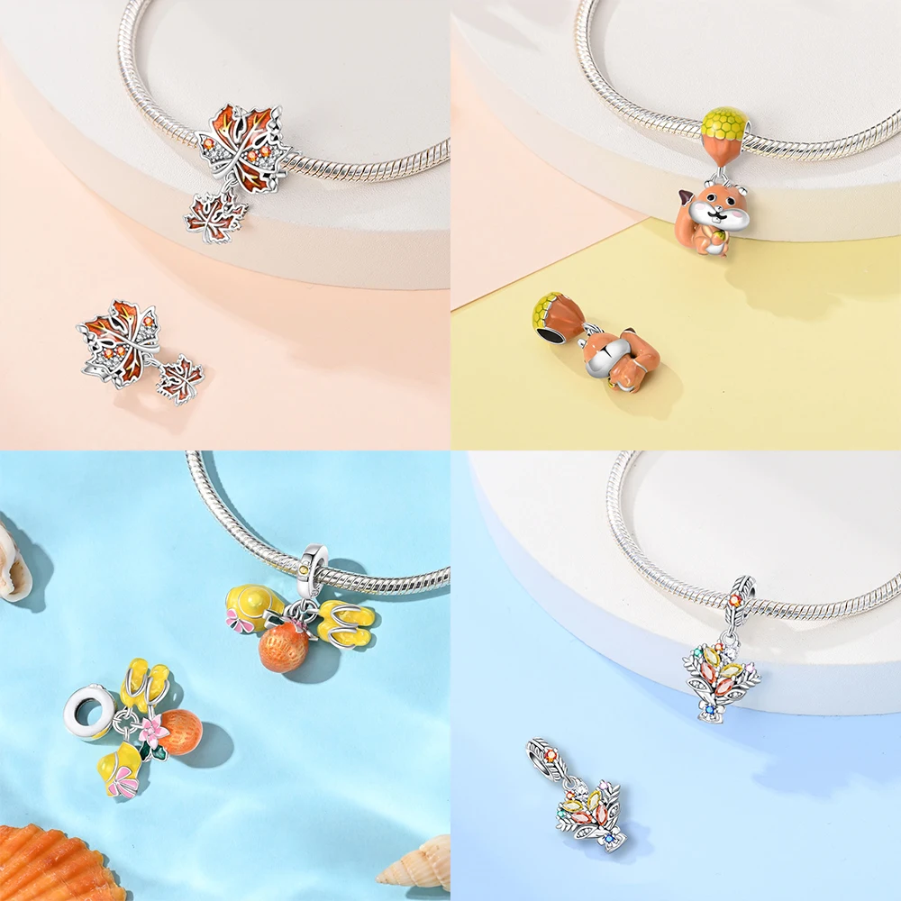 Autumn Maple Leaf Pumpkin Squirrel Original Charm Silver Plated Beads Fit Bracelets Bag Keychain Charms Diy Women Gift Accessory