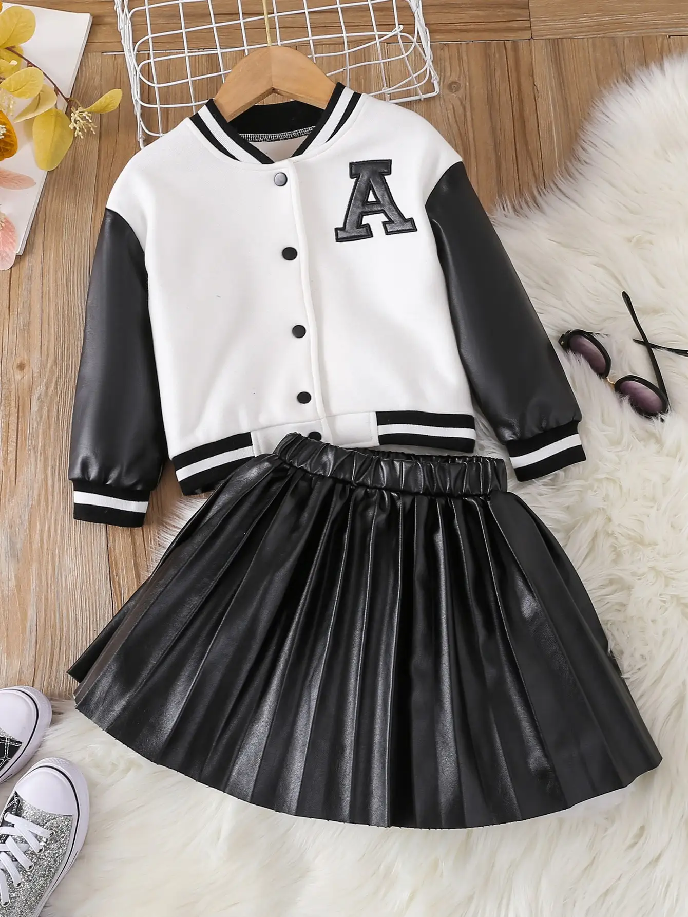 Spring & Autumn Outfits Set Long Sleeve PU Leather Coat Jacket +Pleated Skirt OOTD For Kids Girl