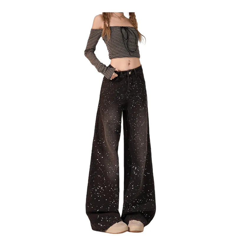 2025 Spring New  Women's Black Heavy Industry Rhinestone Jeans  Versatile Slimming Loose Wide Leg Straight Pants