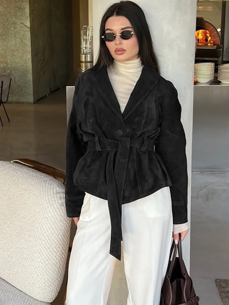 

Trendix Retro Suede Jacket Femme 2025 Autumn Fashion Lace Up V Neck Long Sleeve Cardigan Coat Winter New Commute Outerwear Women