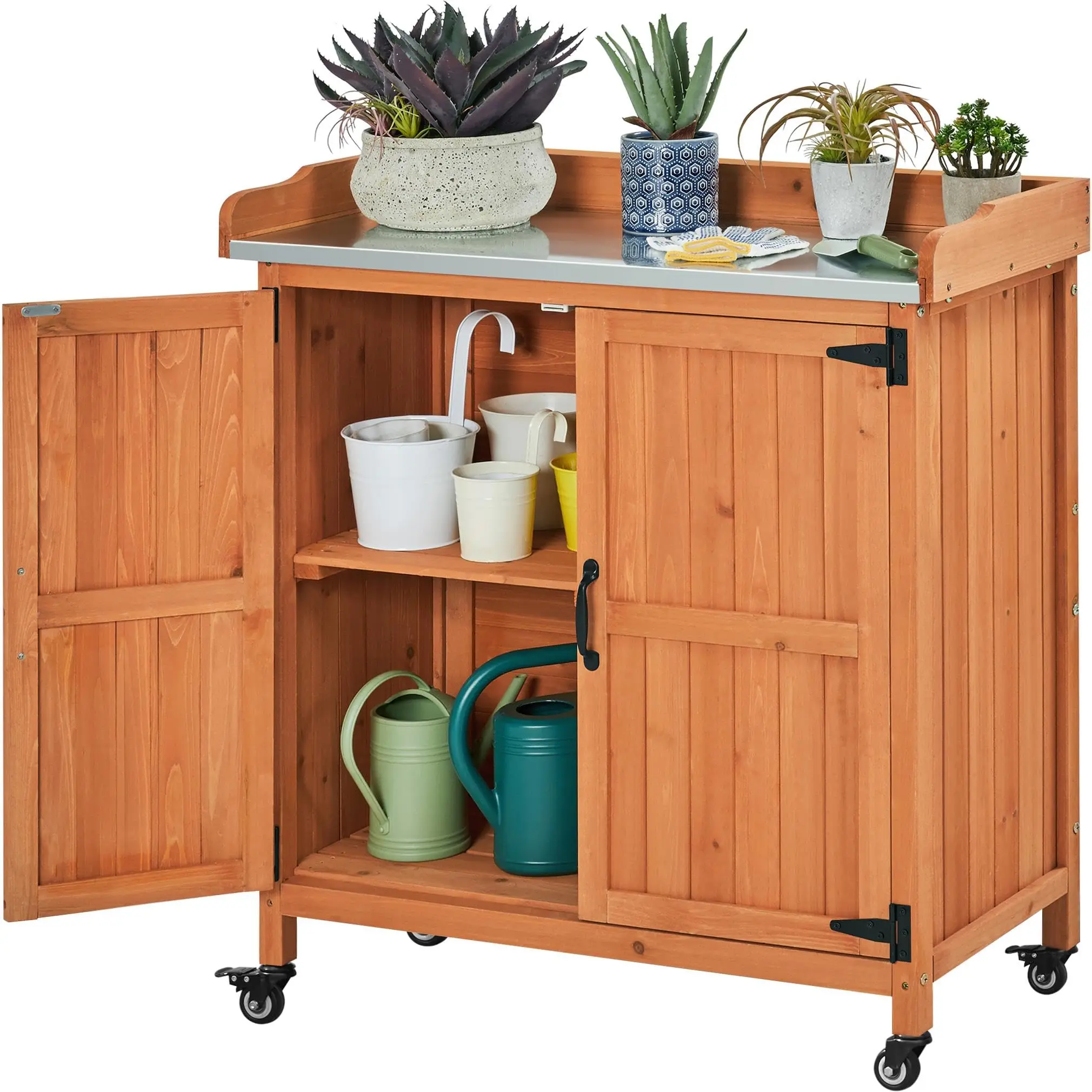 Rolling Potting Bench Outdoor Storage Cabinet, Metal Top, Brown