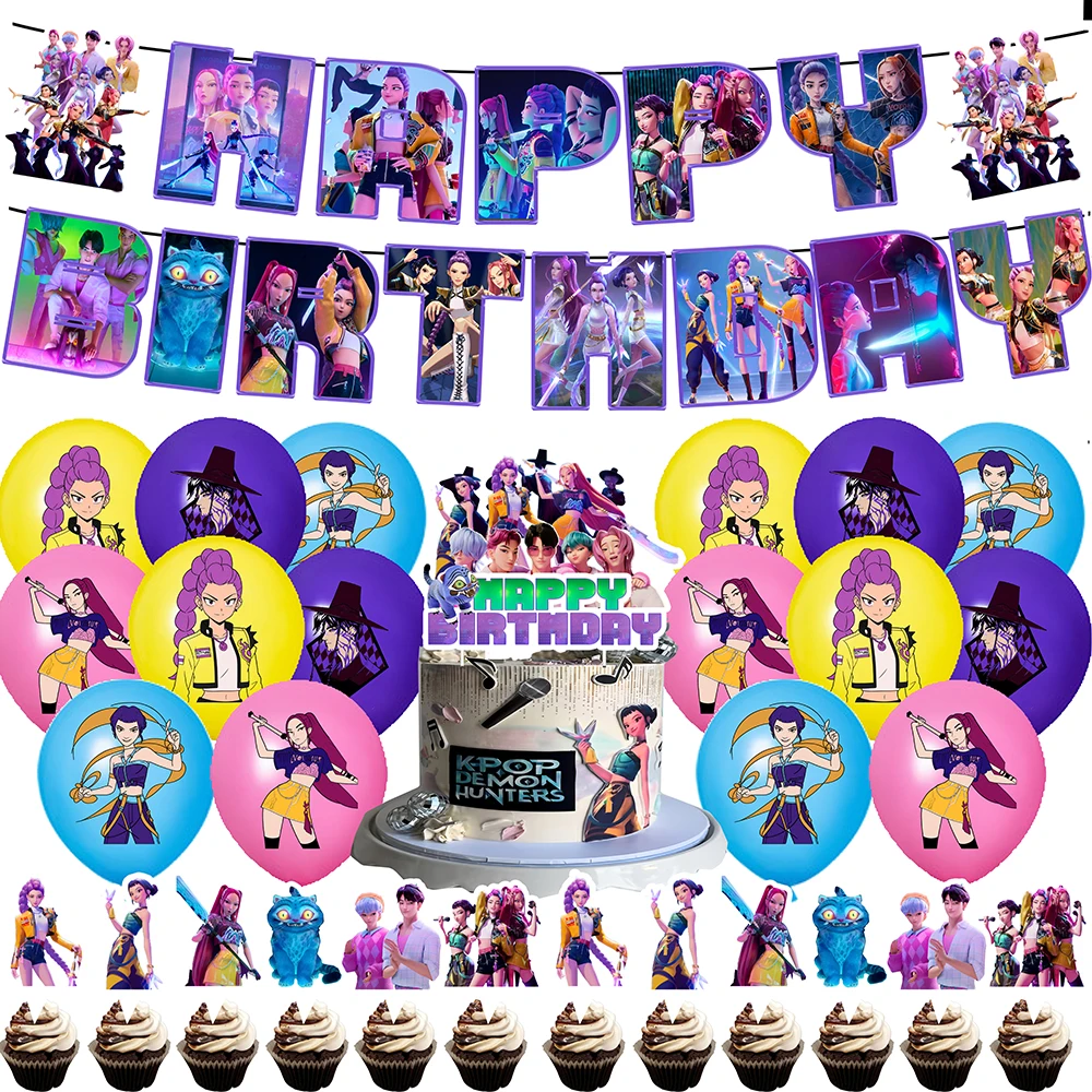 Nouveau K-POP assiette à couverts de fête d'anniversaire jetable bannière gâteau Topper drapeau suspendu K-POP groupe de filles ballons décorations d'anniversaire