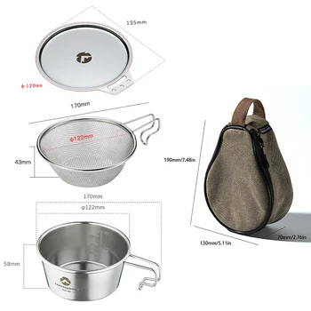새로운 4-in-1 스테인레스 스틸 시에라 컵 보울 키트 450ml, 메쉬 스트레이너 뚜껑 및 보관 가방 여행 식기 캠핑 조리기구