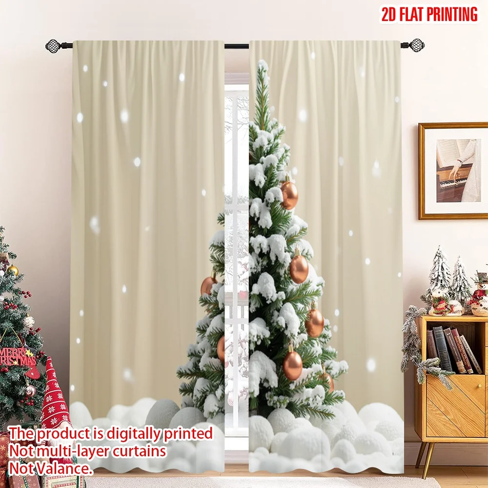

2pcs 2D flat printing Christmas Curtains Snowy Christmas Tree Ornaments_a 100% Polyester Without Electricity Festive Wall Decor