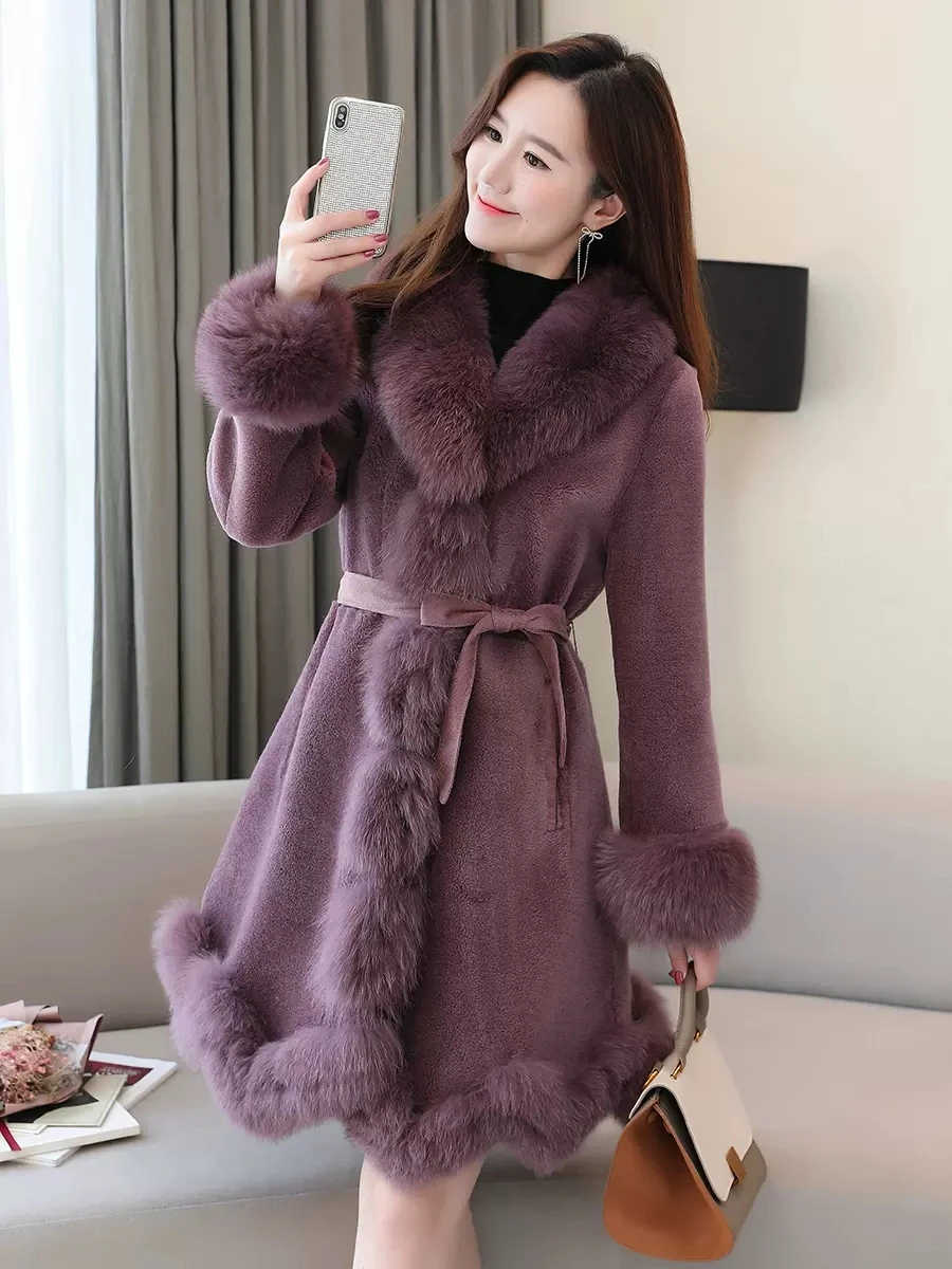 2022 Winter New Grain Sheep Shearling Jacket Womens Large Size Long Slim Fashion Outerwear Women Real Fox Fur Collar Fur Coat