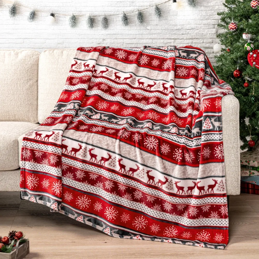 Christmas Red Sofa Throw Blanket Holiday Christmas Reindeer Snowflakes Flannel Bed Blanket Soft, Plush, Warm Winter Cabin Throw