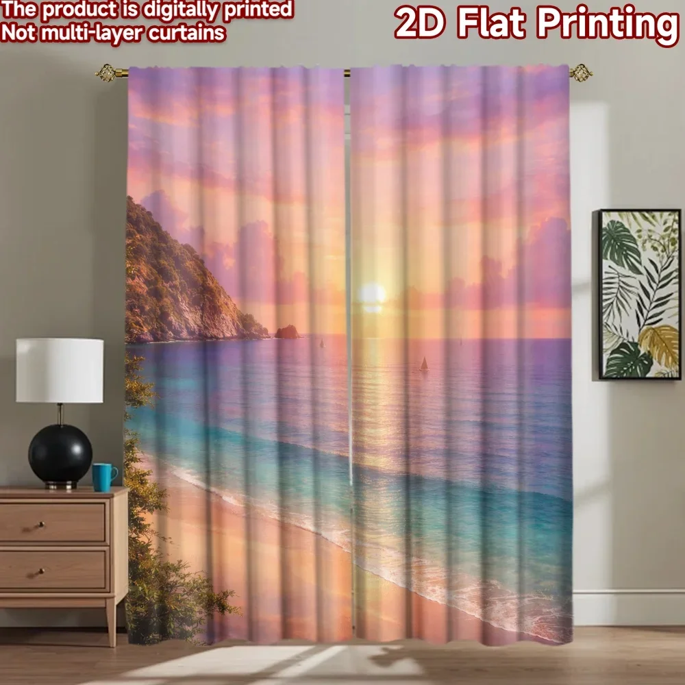 2pcs Tropical Sunset Beach Curtains Ocean Landscape Printed Drapes Pair Aesthetic Window Curtains for Living Room Bedroom Decor