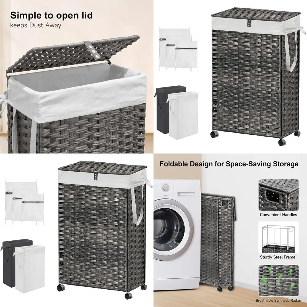 

Серая корзина для белья на колесиках, тонкая корзина на 88 л с крышкой, 2 съемными вкладышами и 3 сетчатых пакета для сортировки