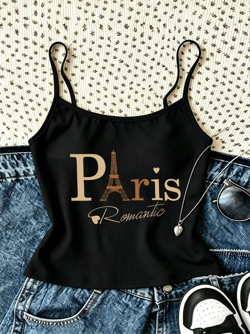 Trendy Y2k Camisole Top Retro Paris Print Casual Crop Top Vest Fashion Spring Summer 90s Women'S Tank Top Girls