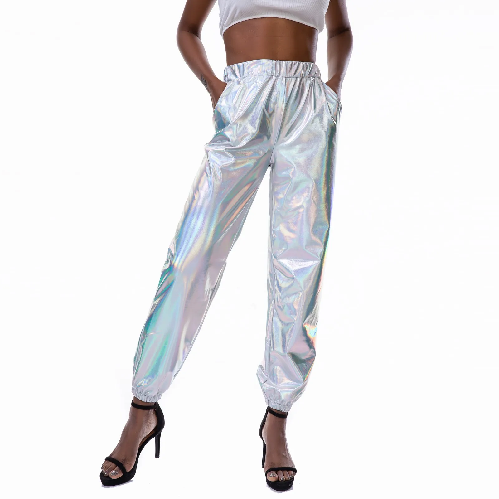 

Laser Metallic Women Casual Long Pants Nightclub Party Elastic High Waist Trousers With Pockets Disco Hippie Harem Pantalones