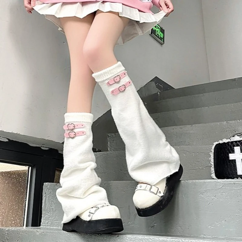 Y2k Gestrickte Lose Beinlinge Herz Leder Schnalle Thermische Pile-up Socken Frauen Herbst und Winter Harajuku Subkultur Bein Abdeckungen – Detail 3