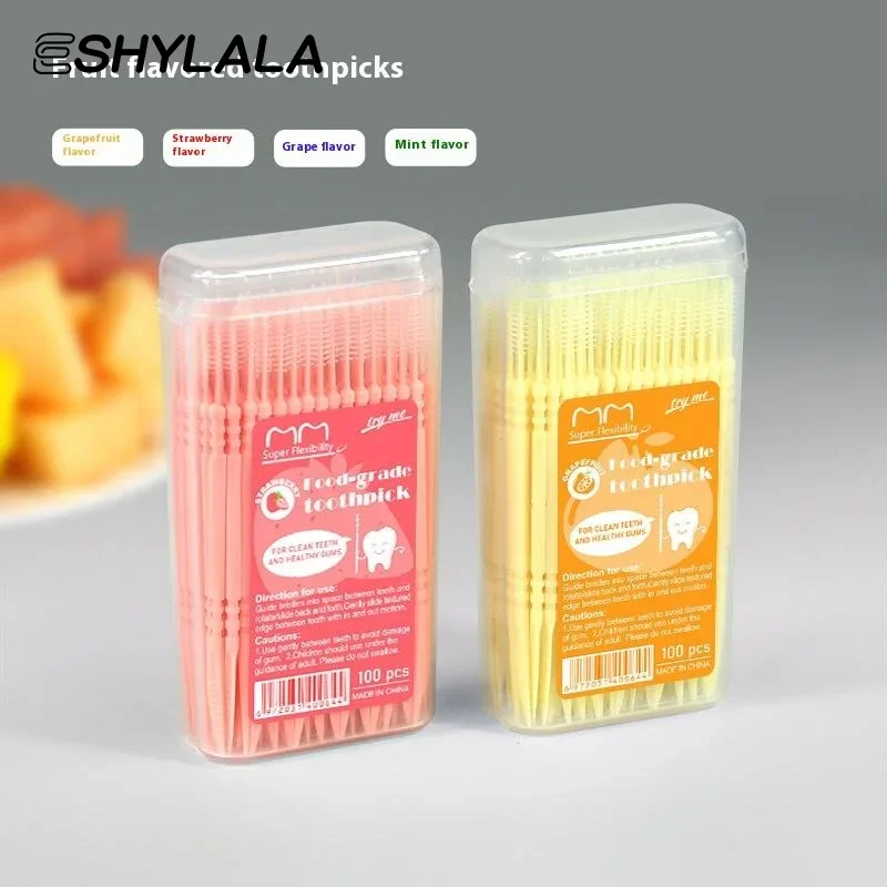 100Pcs/Box Fruit Flavor Toothpicks Double-headed Disposable Interdental Brush Dental Tooth Flossing Head Oral Hygiene Clean