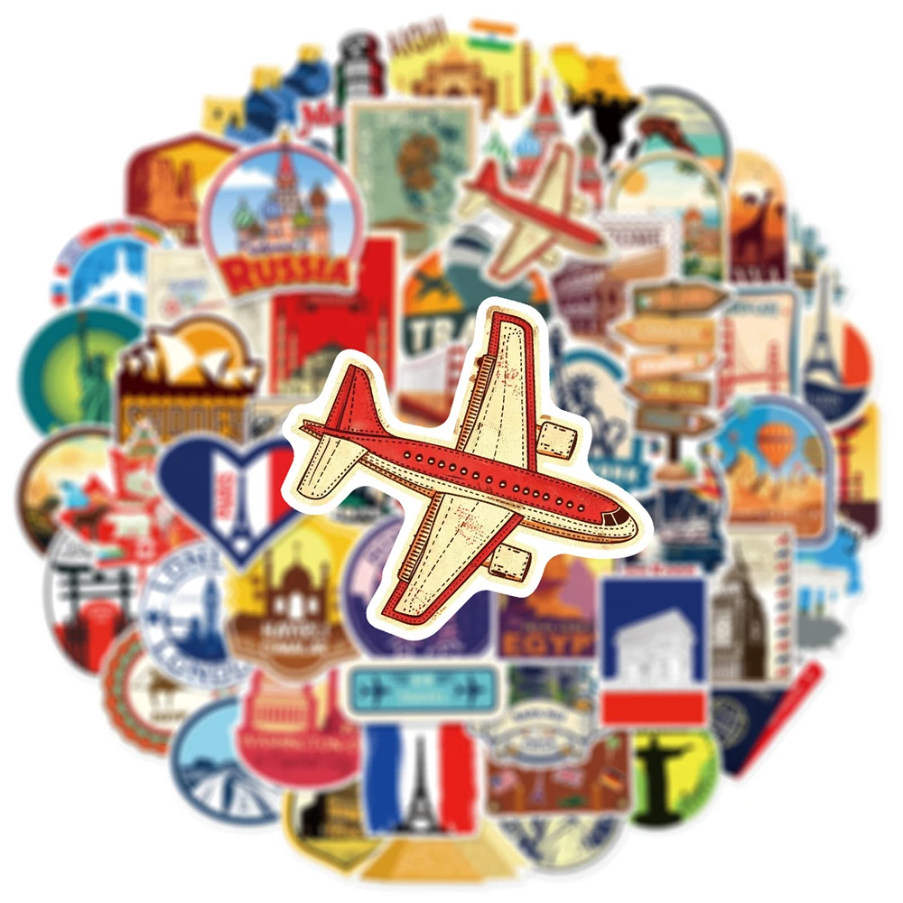 10/30/50 pçs retro mundo viagem cidade paisagem dos desenhos animados adesivos estéticos à prova ddiy água diy telefone notebook dos desenhos animados graffiti decalques