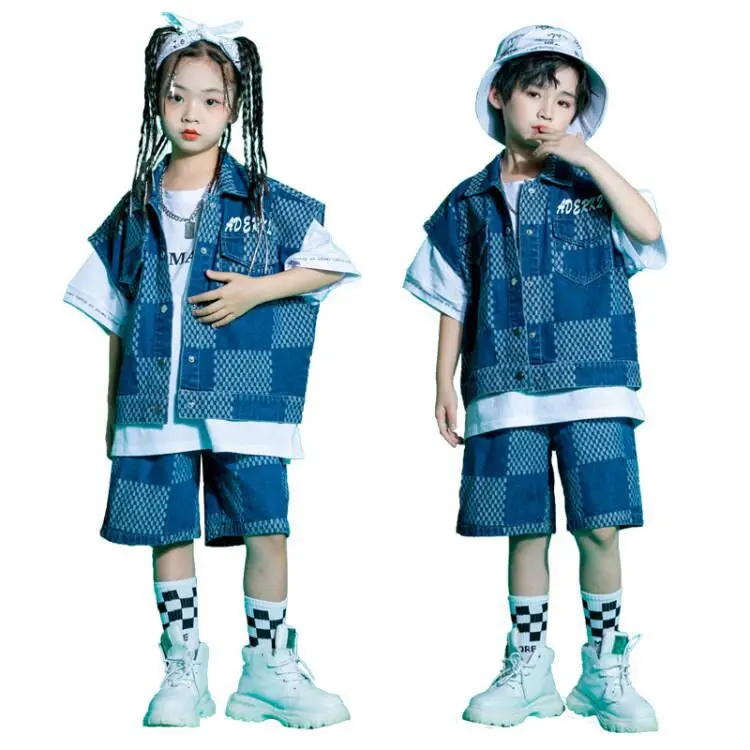 Junge Mädchen Jazz Dance Kostüme Schachbrett Denim Anzug Hip-Hop Street Dance Kleidung Ballsaal Tanzen Kleidung Bühne Outfits