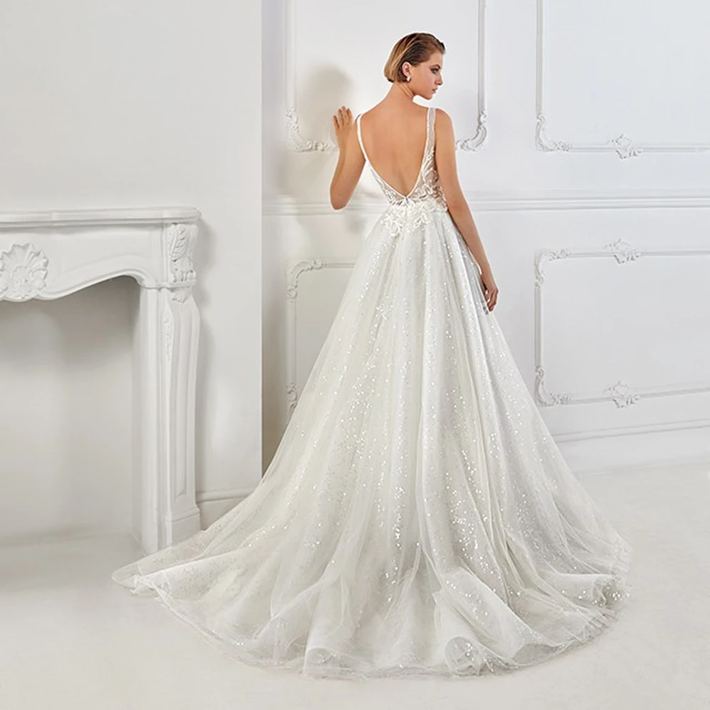 Vestidos de novia personalizados con cuello en V profundo, apliques de encaje sin mangas, con cremallera en la espalda, largo hasta el suelo, Vestido de novia